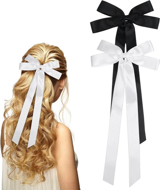 Pacchetto di Fiocchi per Capelli 15,5 x 34 cm Fiocco Satin per Clip per Capelli per Donne Ragazze Nero Bianco