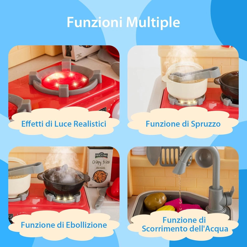 Cucina Giocattolo per Bambini, Cucina per Bambini con Forno, Microonde, Lavello e Rubinetto, Funzione Luci e Suoni, Vapore e Ebollizione, 69 Accessori, per Bambini 3+ Anni (Blu)