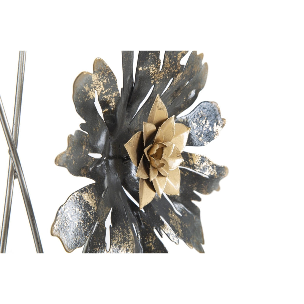 Pannello decorativo da parete Simply con tre fiori in ferro nero, argento e oro 35x88 cm