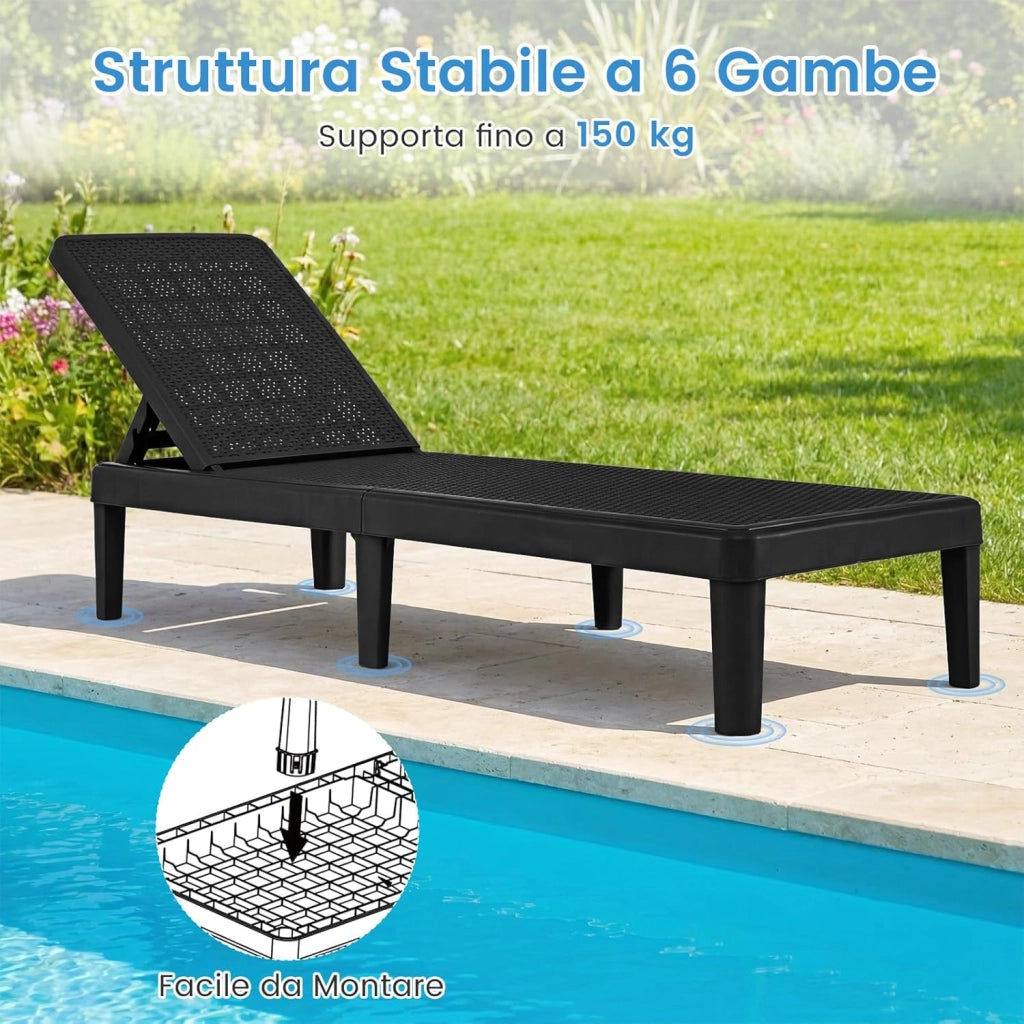 Lettino Prendisole da Giardino, Sdraio con Schienale Inclinabile a 4 Livelli, in PP Rattan, Resistente alle Intemperie, per Esterno, Terrazza, Balcone, Spiaggia e Mare, Portata 150 kg (Nero)