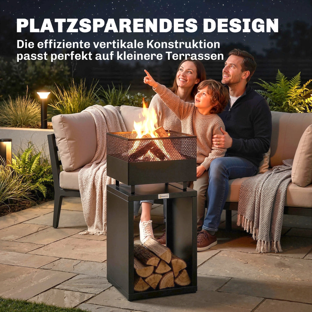 Braciere con Griglia e Deposito Legna 39x39x87 cm ¨C zephmum ¨C Nero