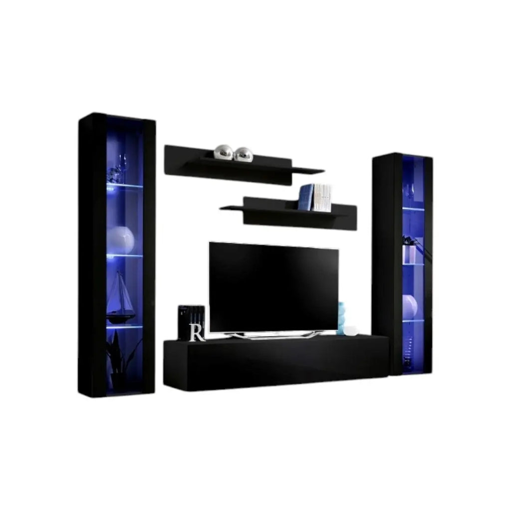 Mobile TV FLY A2 design, color nero lucido + LED. Mobile sospeso moderno e alla moda per il tuo soggiorno.