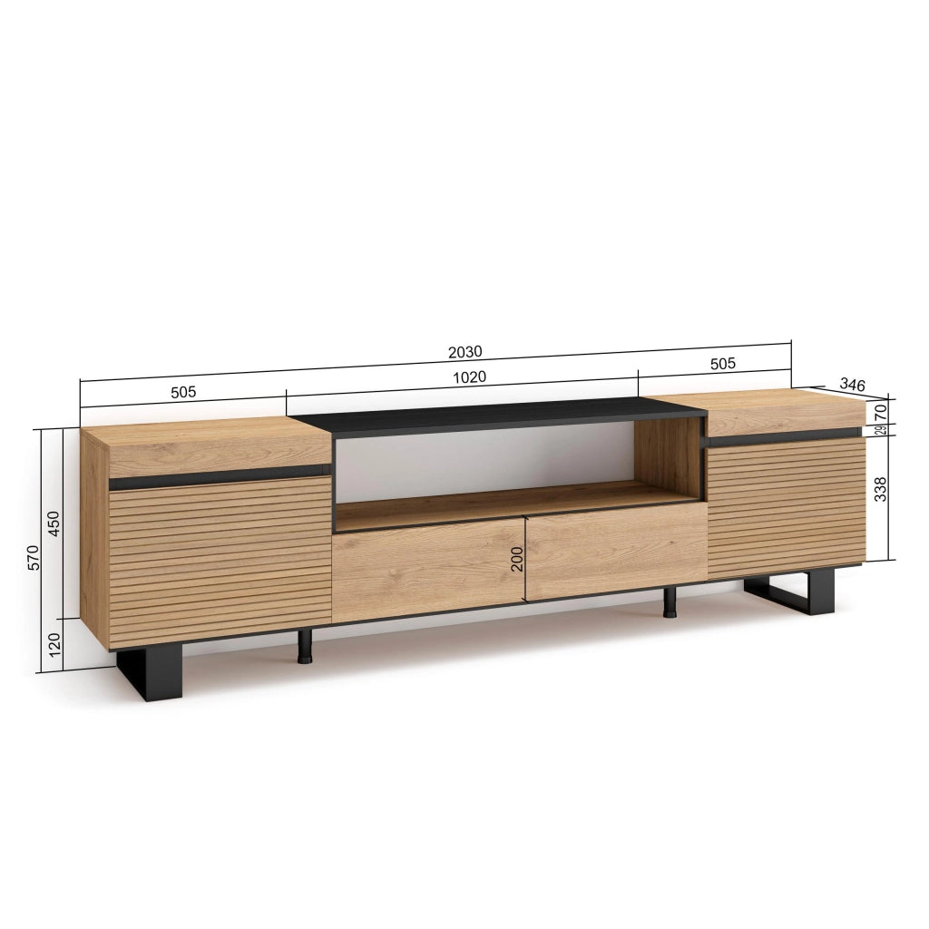 Mobile TV Soggiorno, 200x35x57cm, Per TV fino a 80", Design industriale, colore Rovere RF3313