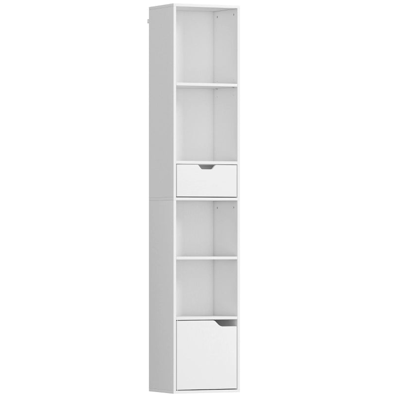 Libreria stretta bianca con 4 vani aperti, cassetto e ante, struttura in truciolare, 30 cm