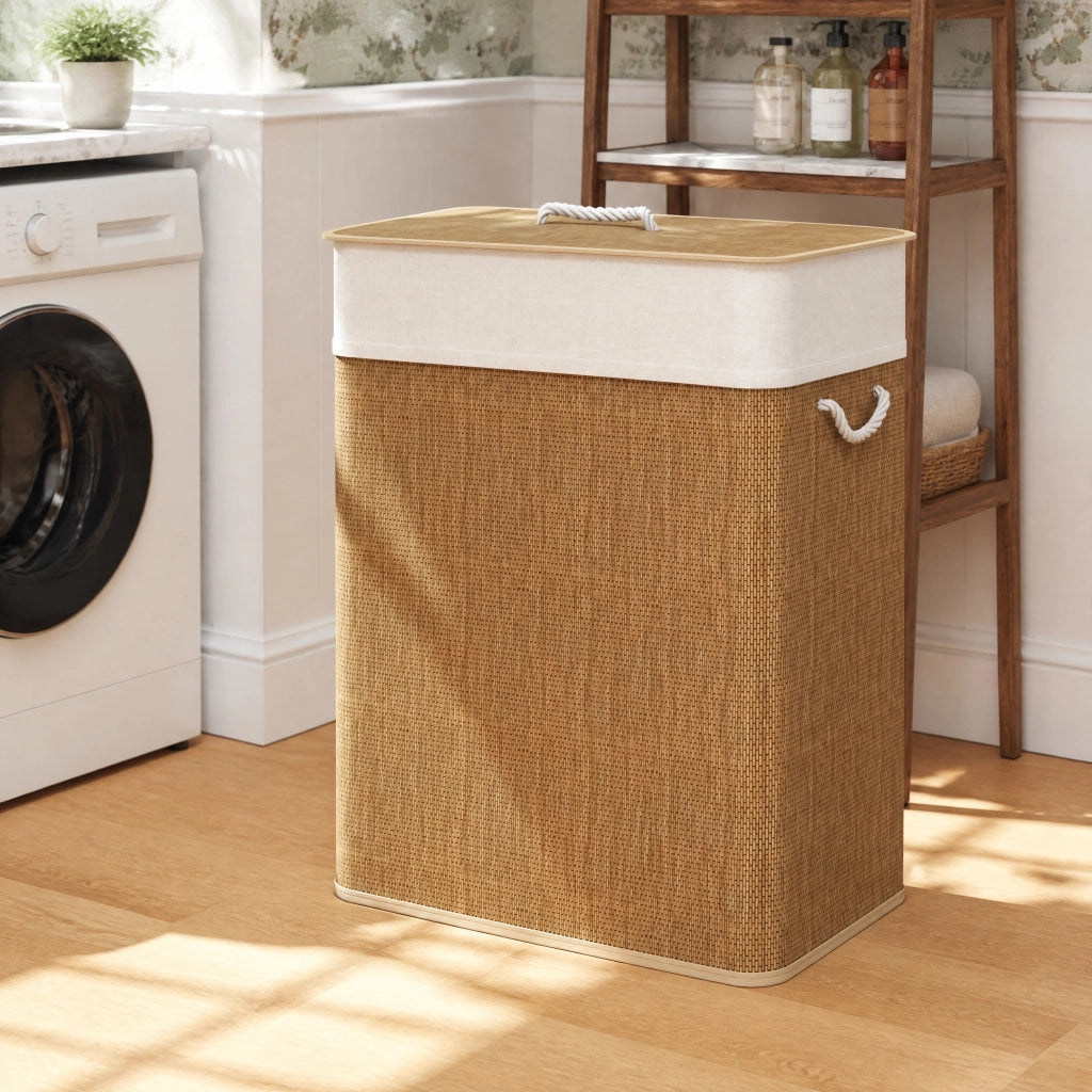 Cesto portabiancheria 52x32x63 cm con coperchio e sacco rimovibile in bambù marrone