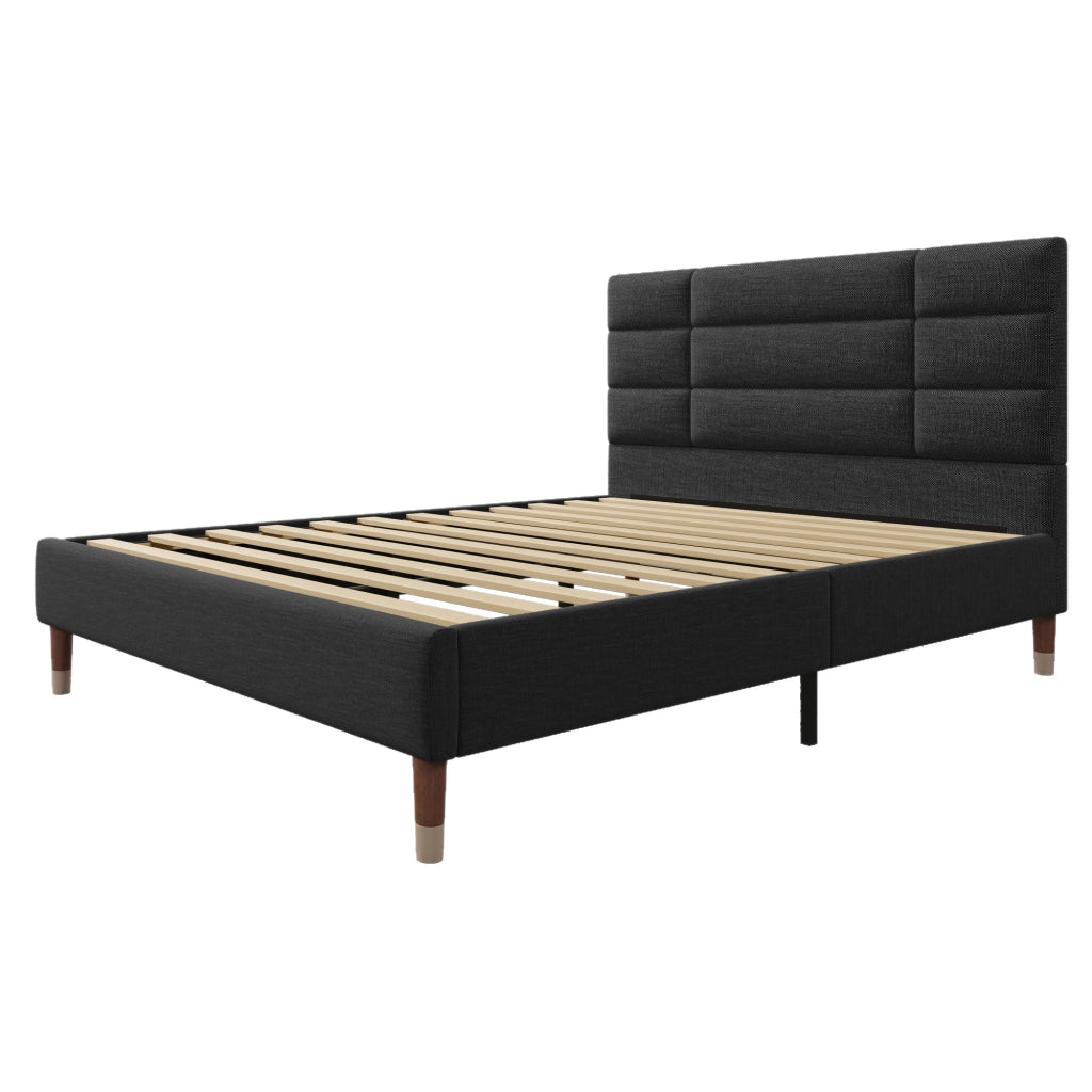 Letto imbottito matrimoniale 140x200 cm con rete a doghe, testiera in lino nero, con vano sottoletto