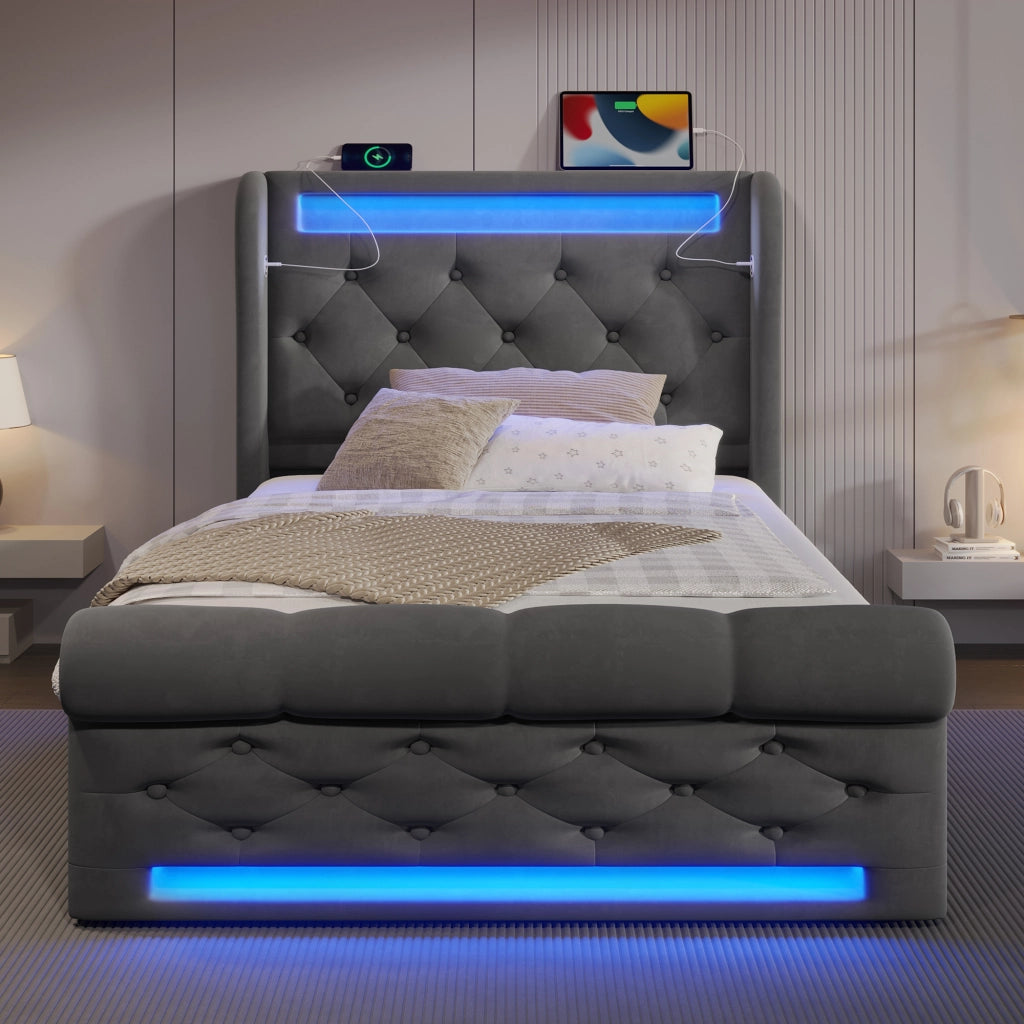 LETTO imbottito contenitore 90x200 cm velluto grigio con LED e USB + Type-C