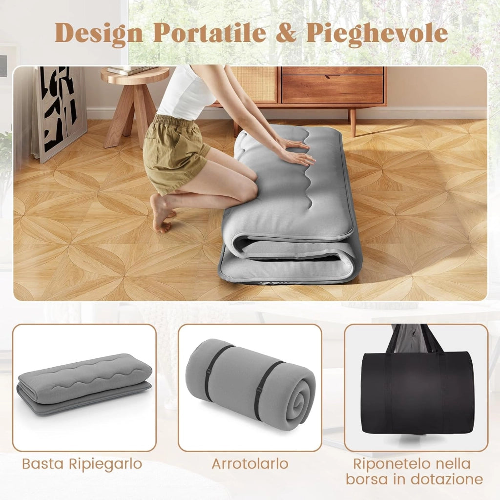 Materasso Futon Pieghevole, Materasso Portatile con Sacca da Trasporto per Camping, Materasso da Terra con Copertura Lavabile (Grigio,200 x 140 cm)