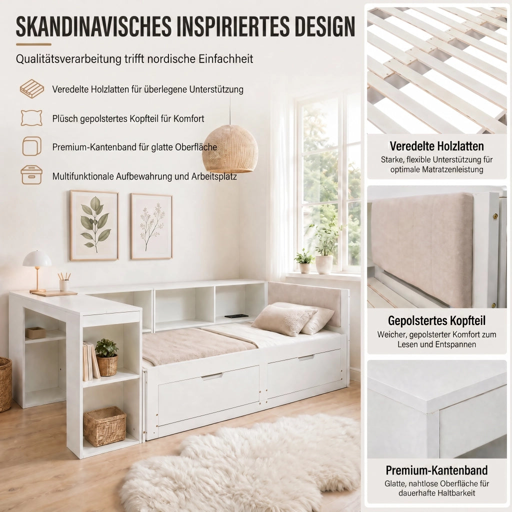 Letto combinato 90 × 200 cm estensibile con scrivania, presa elettrica EU, 2 cassetti, senza materasso, bianco