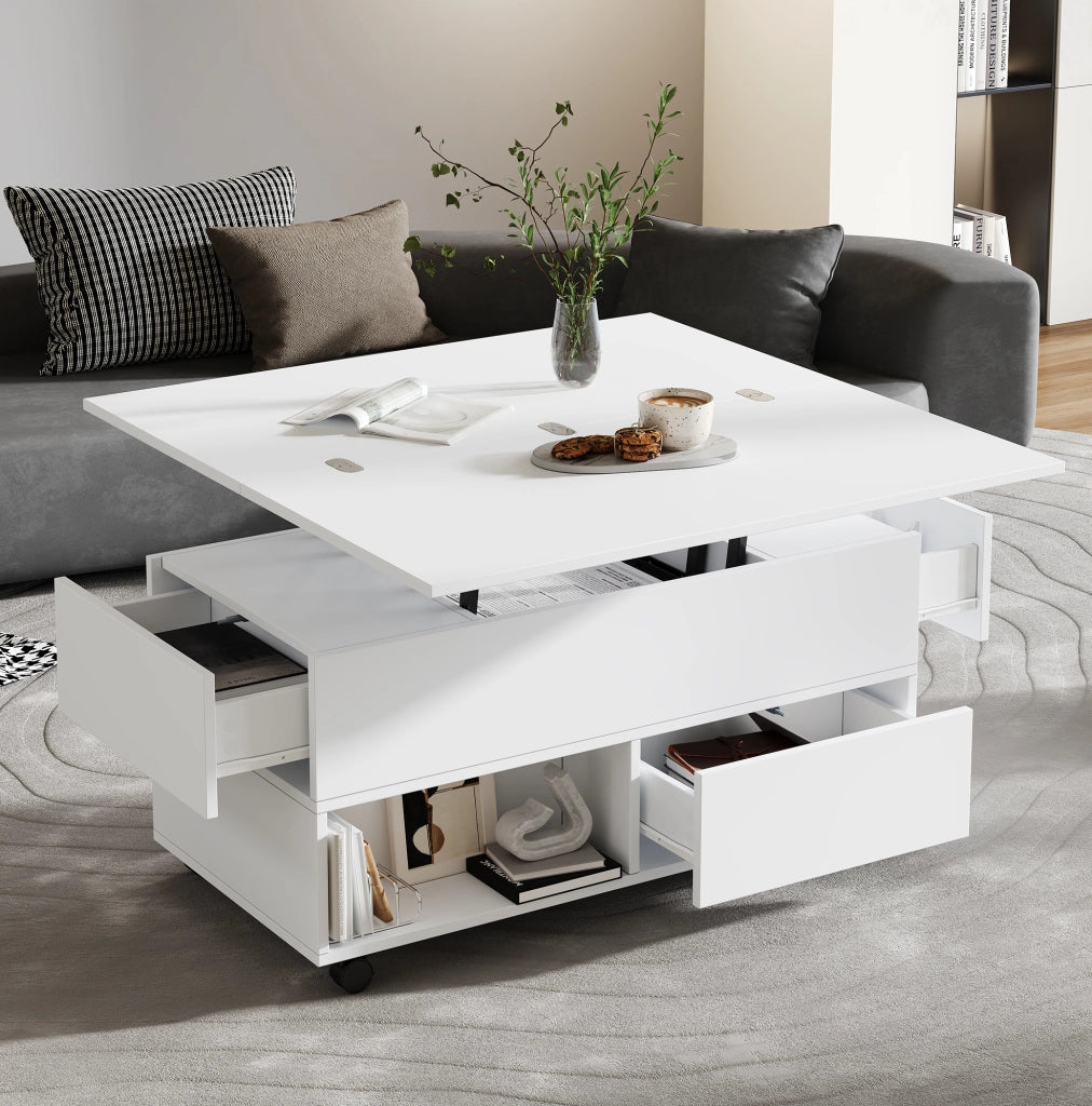 Tavolino elevabile bianco 100x50x52 cm con 4 cassetti e ruote
