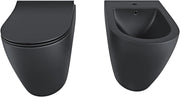 Coppia Sanitari Filo Parete Vaso WC Senza Brida Rimless Tornado Flush Bidet Design Moderno Ceramica Copriwater Chiusura Soft Close Nero Opaco