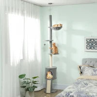 Albero per Gatti da Pavimento a Soffitto, di Altezza Regolabile 220-240cm, con Amaca, Piattaforme a Fiore, Tana, Rampa e Pallina, Grigio Chiaro