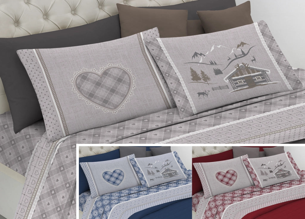 Completo Lenzuola Flanella Pensieri Delicati 100% Cotone Disegno Chalet - Singolo - Beige