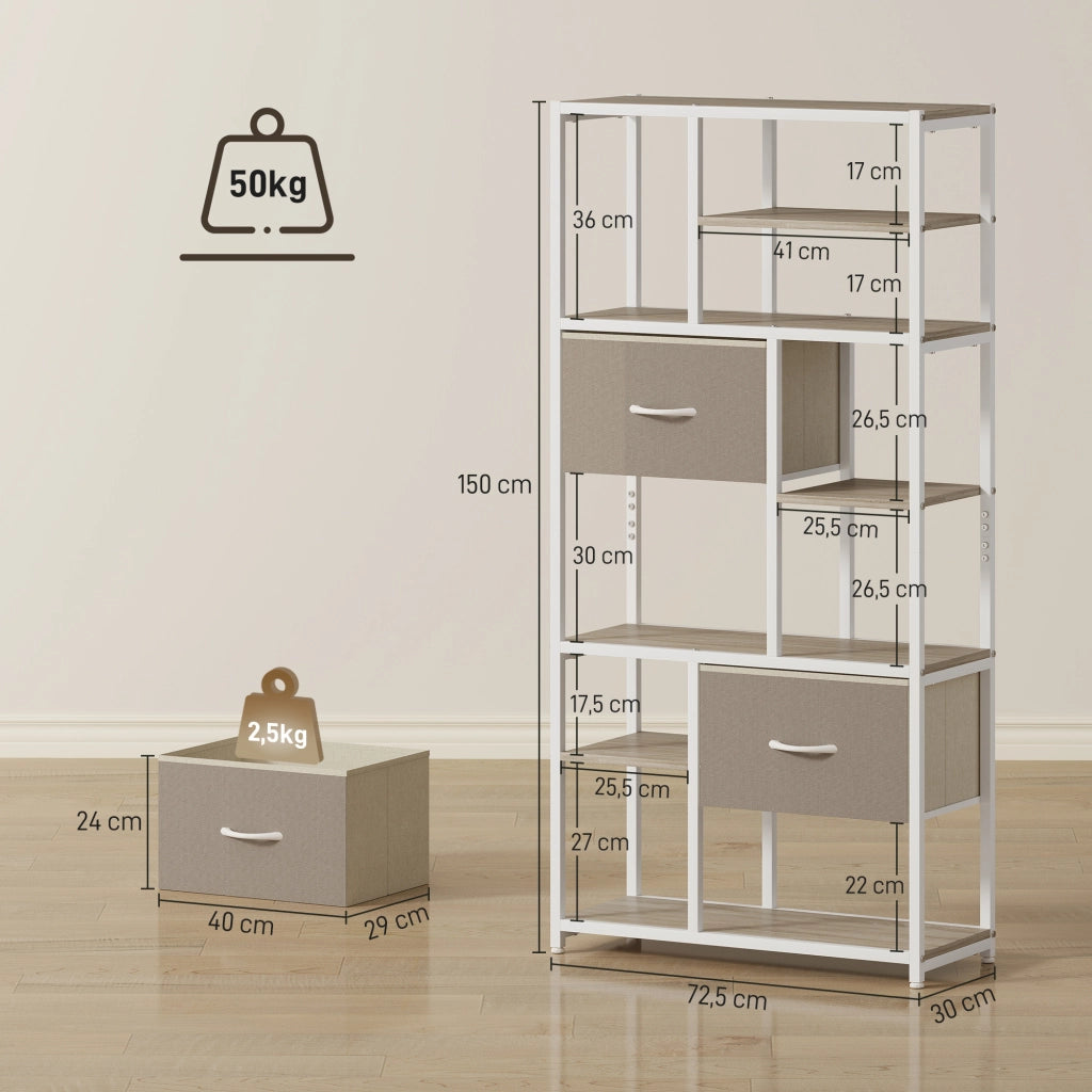 Libreria con 2 cassetti in tessuto e 9 ripiani aperti ¨C Zephmum ¨C Bianco 72.5x30x150 cm