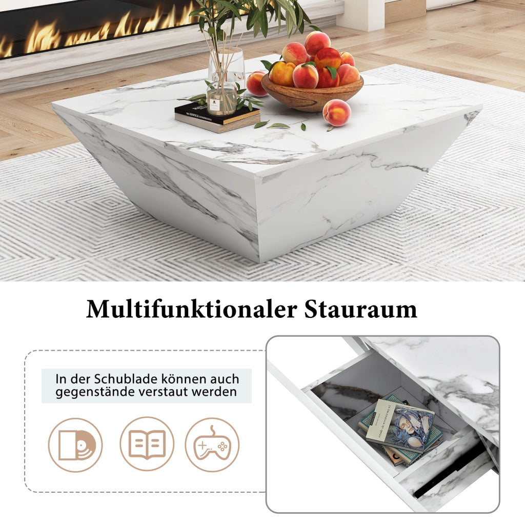 Tavolino basso trapezoidale con 2 cassetti e vani contenitore, in MDF marmorizzato, bianco, 70 × 70 × 37 cm