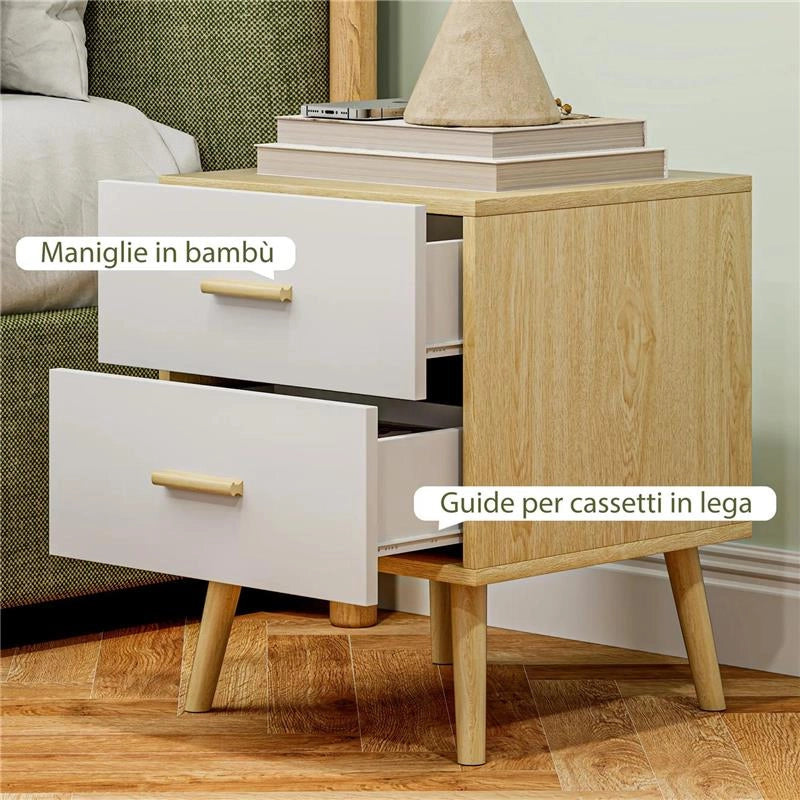 COMODINO CON 2 CASSETTI IN LEGNO IN STILE SCANDINAVO 40X40X50 CM ROVERE
