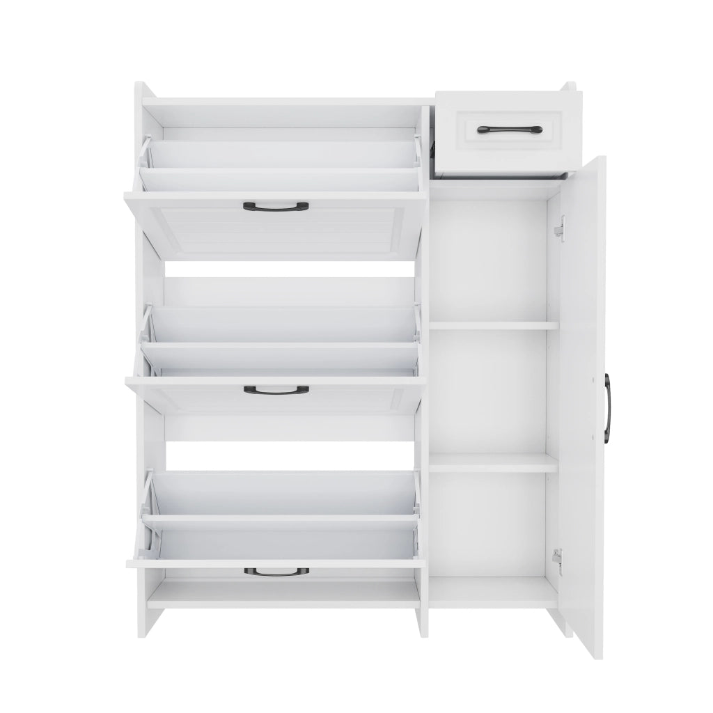 Scarpiera bianca con 3 ribalte, cassetto, vano laterale e ripiani regolabili, 92x24x121 cm