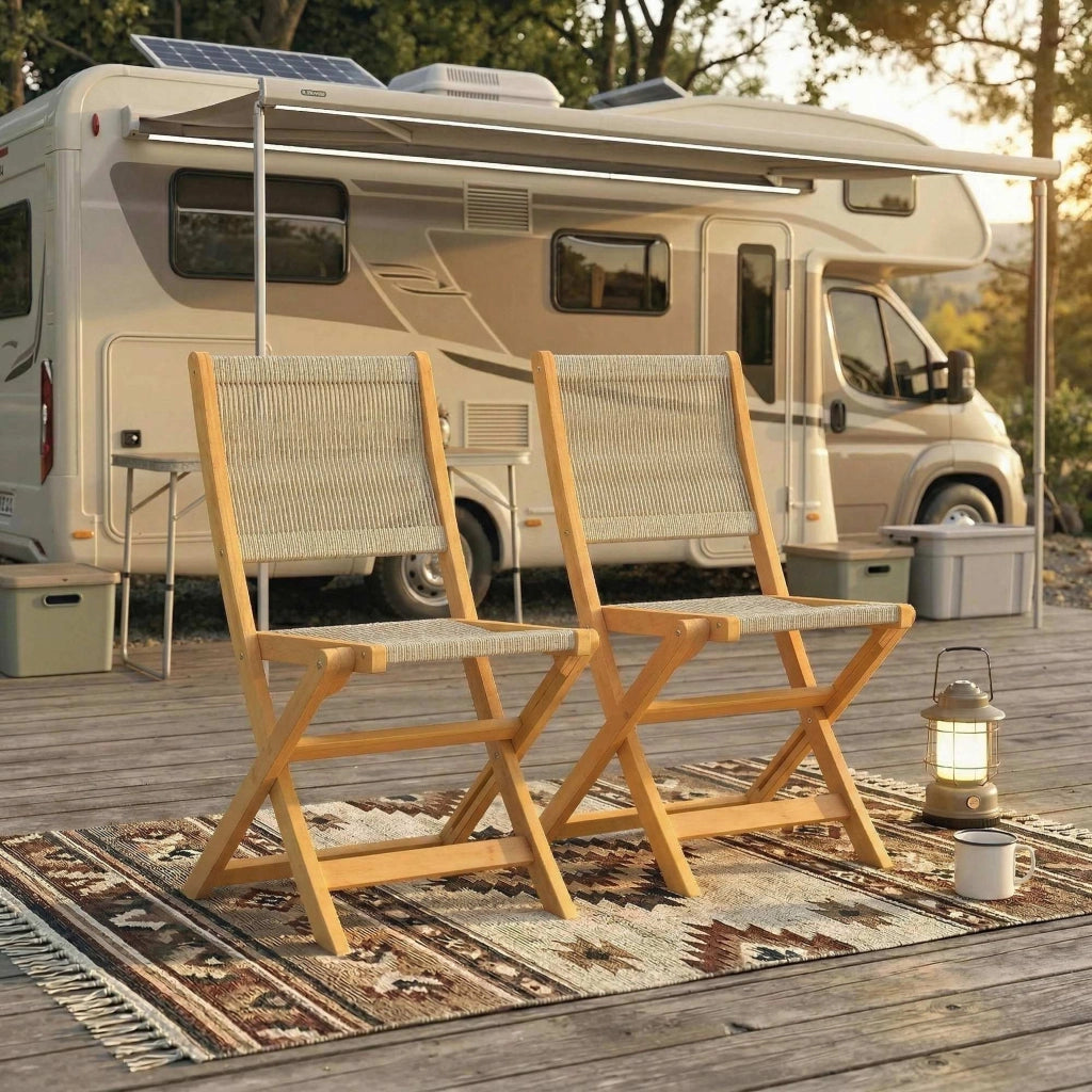 Set 2 Sedie Pieghevoli da Giardino Supporto fino a 160 kg in Rattan PE e Legno di Acacia Beige