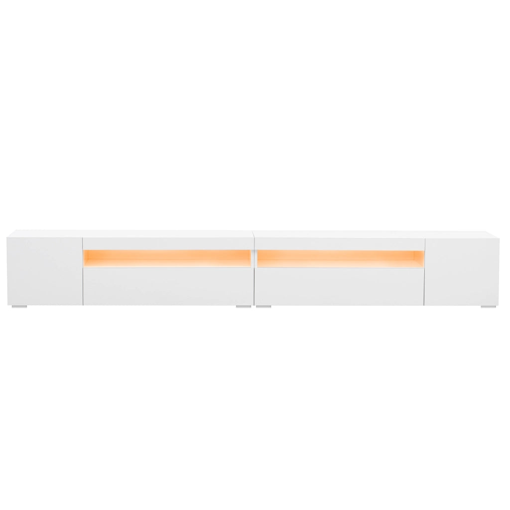 Mobile TV moderno bianco 240 cm con illuminazione LED variabile, struttura in MDF e design simmetrico
