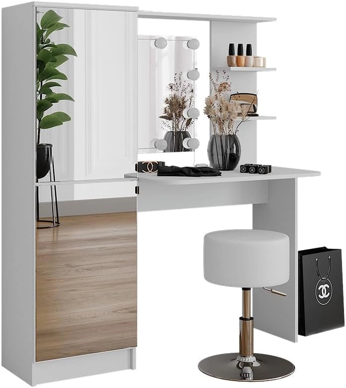 Tavolo da toeletta, Bianco, 123 cm con illuminazione LED e sgabello, Soluzione di conservazione per tutti i prodotti di bellezza