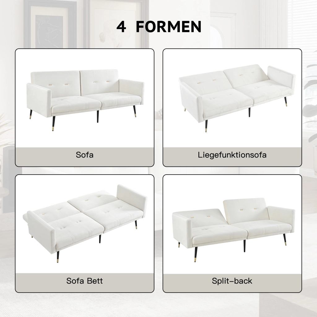 Divano Letto 2 Posti con schienali regolabili 5 posizioni e gambe in metallo in velluto Beige