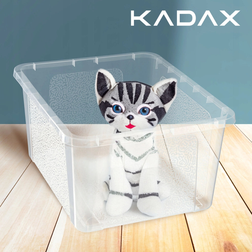 Contenitore in plastica KADAX da 20 litri con coperchio, trasparente e richiudibile, grande scatola