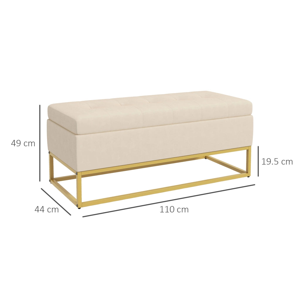 Panca Contenitore Rettangolare 110x44x49 cm con Seduta Imbottita e Gambe in Acciaio Beige