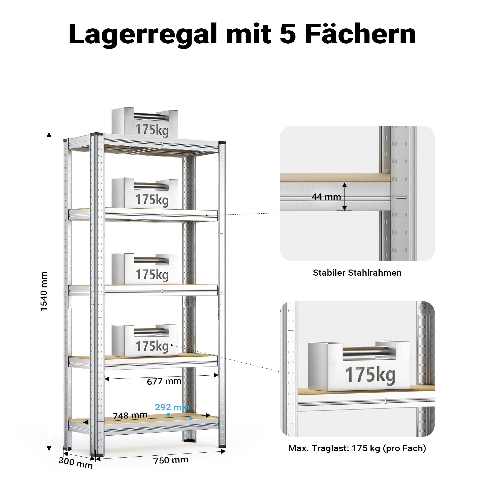 Scaffale per carichi pesanti zincato 154x75x30cm 875 kg Sistema a incastro Acciaio 5 ripiani