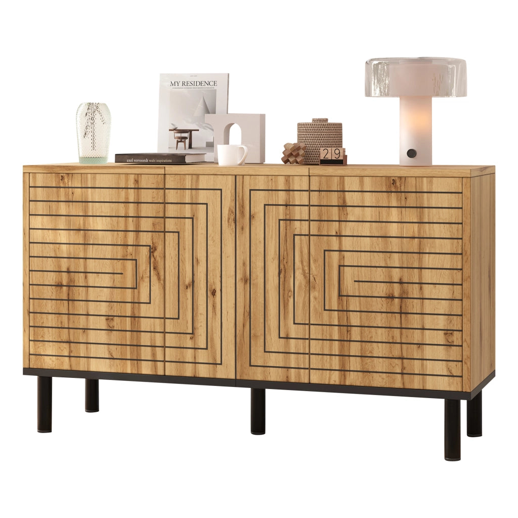 Credenza 120¡Á35¡Á68 cm con 3 ante push-open, motivo a onde, 6 vani, finitura effetto legno, portata fino a 50 kg