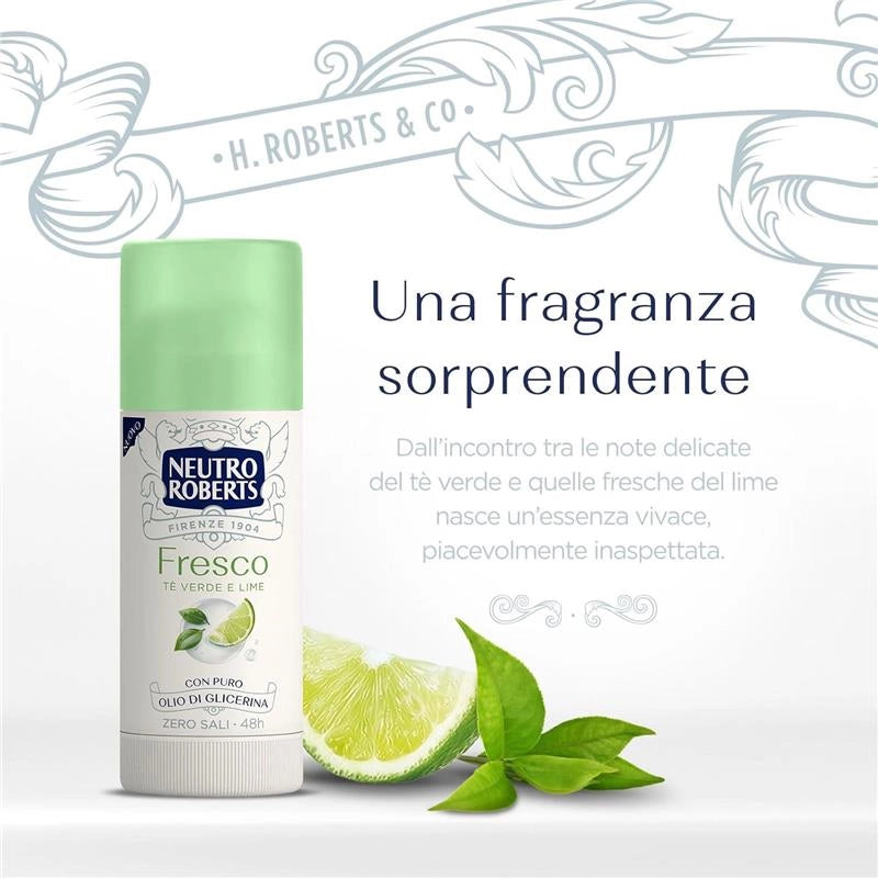 NEUTRO ROBERTS DEODORANTE STICK FRESCO VERDE TÉ VERDE E LIME ZERO SALI DI ALLUMINIO ZERO MACCHIE 40 ML 48H