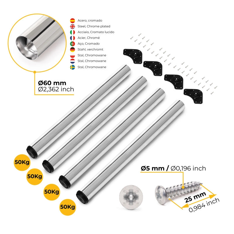 Lotto di 4 gambe per tavolo, diametro 60mm, H 710mm, Acciaio, Cromato lucido