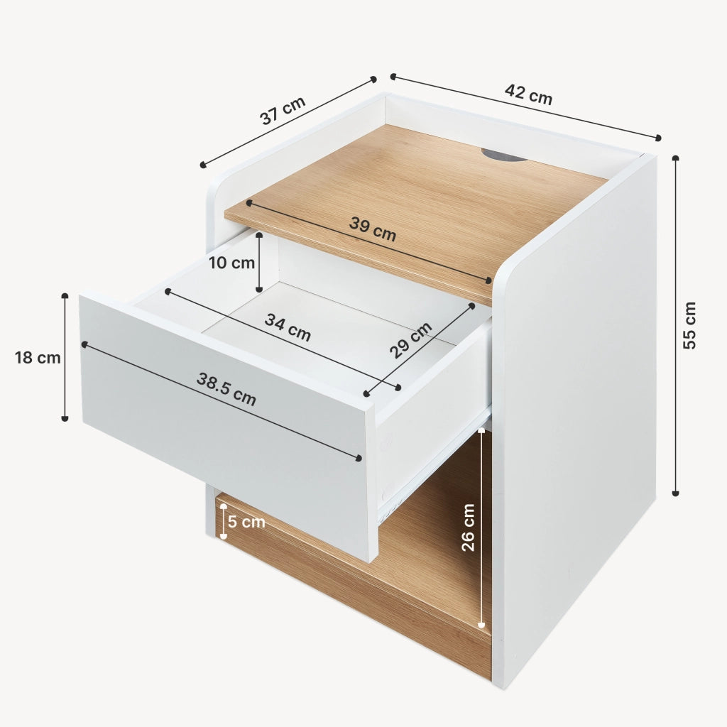 Comodino Kuorshare Mobiletto Laterale con Cassetto e Vano Aperto 55 x 42 x 37 cm - Bianco/Effetto Rovere [en.casa]