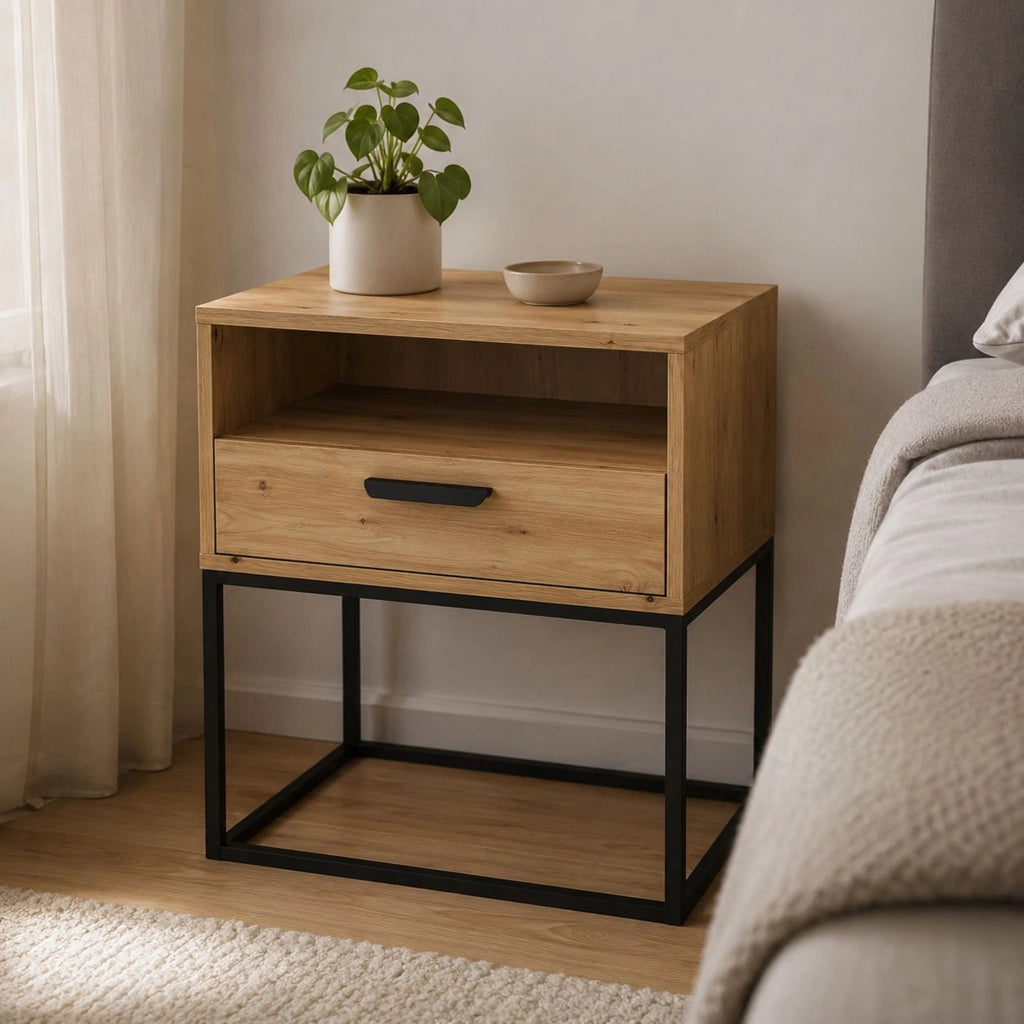 Leha, Comodino un Cassetto, 60x39x65h cm Marrone Rovere