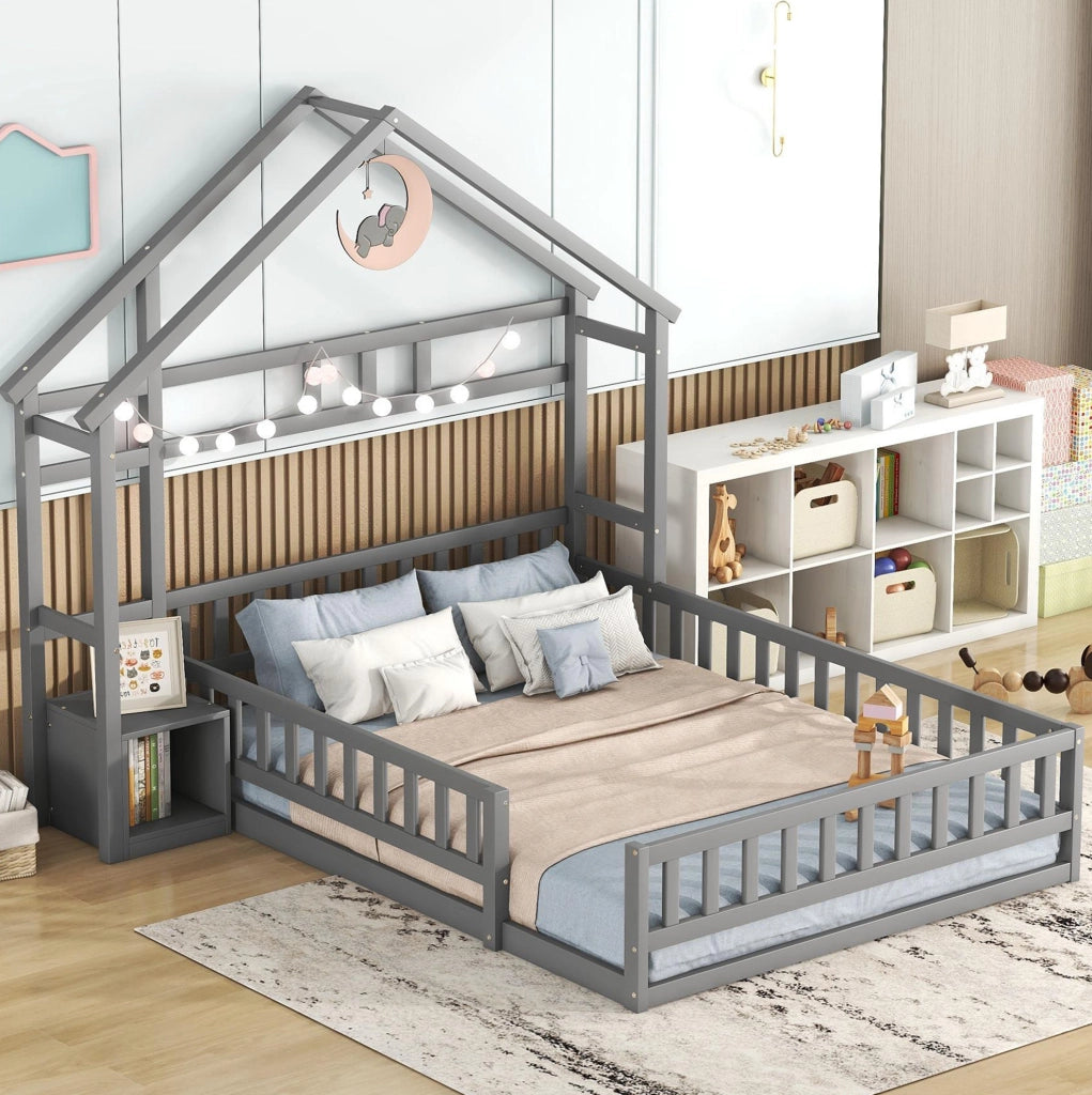 Letto a casetta per bambini 140x200 cm con comodino grigio