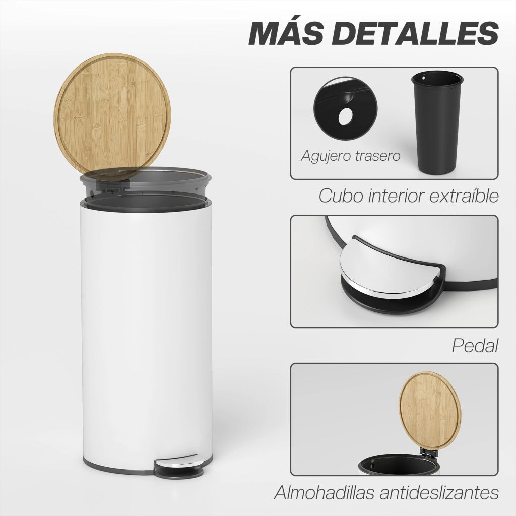 Pattumiera con Pedale 30L ¨C Xylo ¨C Coperchio Bamb¨´ Chiusura Soft Bianco