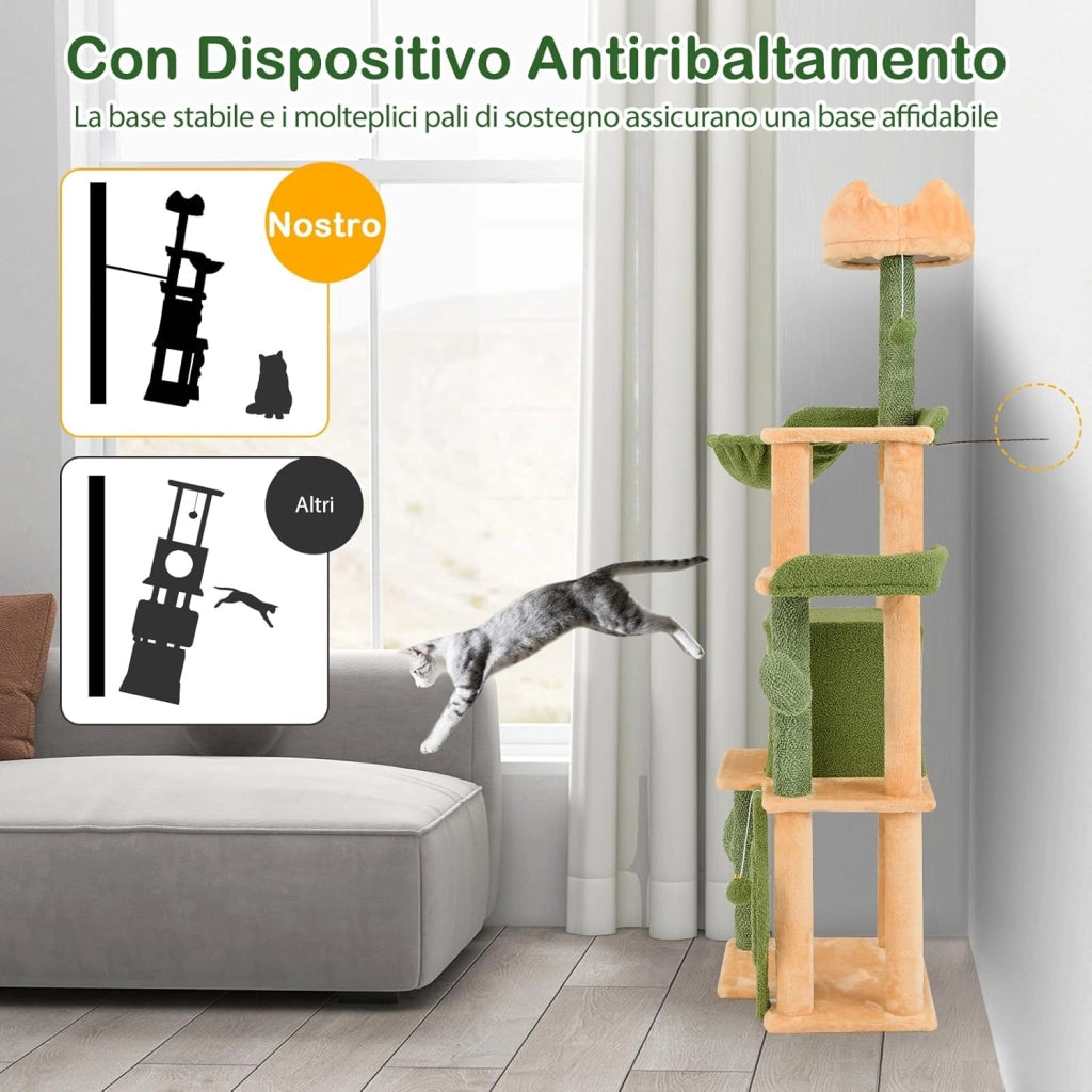 Tiragraffi 160cm, Albero per Gatti con Pali per Graffi in Sisal, Posti a Sedere Imbottiti, Giochi Appesi e Cuccia, Torre per Animali Domestici da Interno a Forma di Cactus, Verde