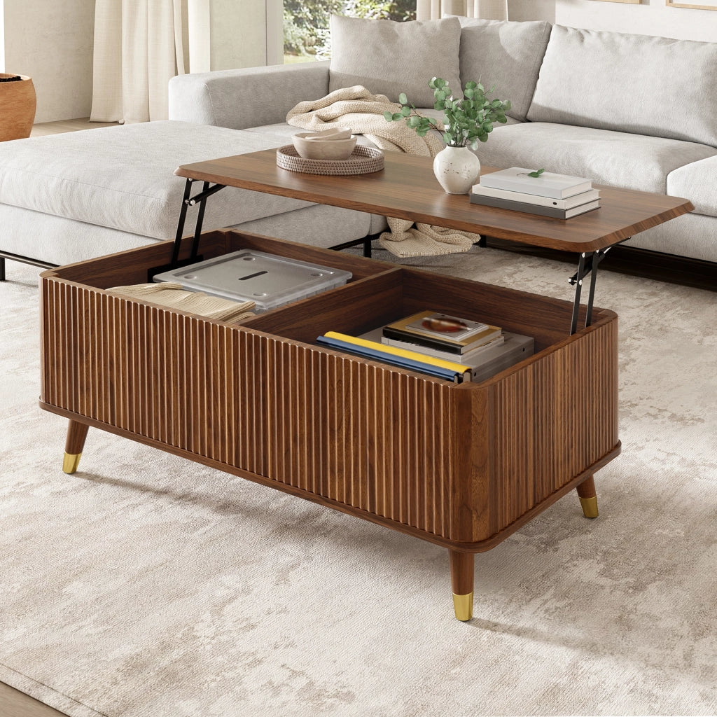 Tavolino da caffè con piano alzabile e vano contenitore - per soggiorno - in MDF - Walnut
