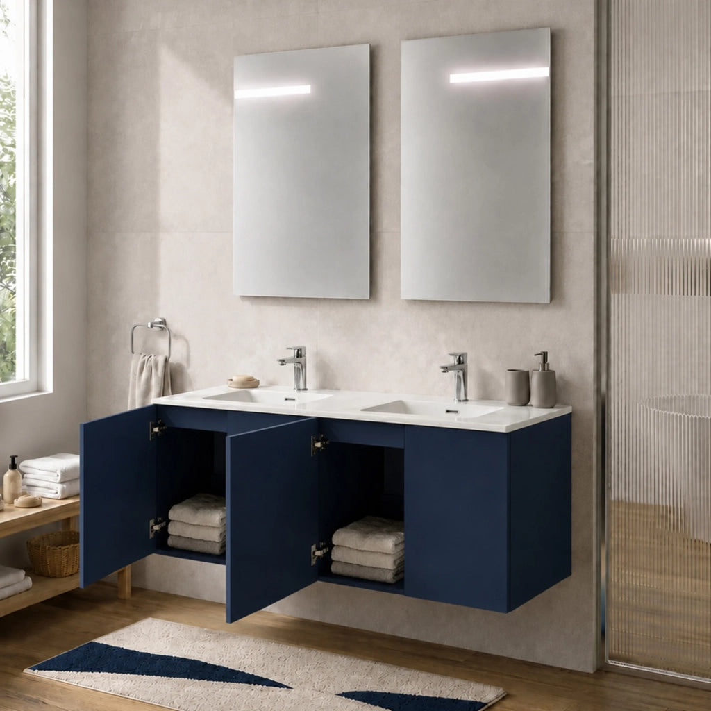 Mobile bagno sospeso 120 cm blu quattro ante e doppia vasca Tierra