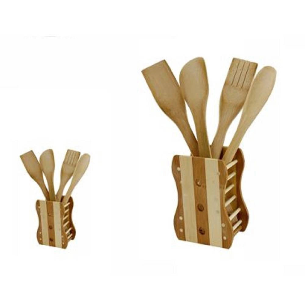 Trade Shop - Kit 5 Pz Cucina Porta Mestolo Mestoli In Legno Bambù Con 4 Mestoli Posate 67375 -