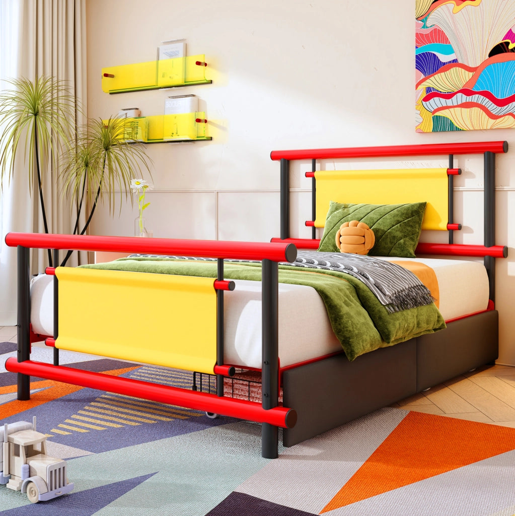 Letto singolo per bambini 90x200 cm in metallo rosso con cassetti integrati