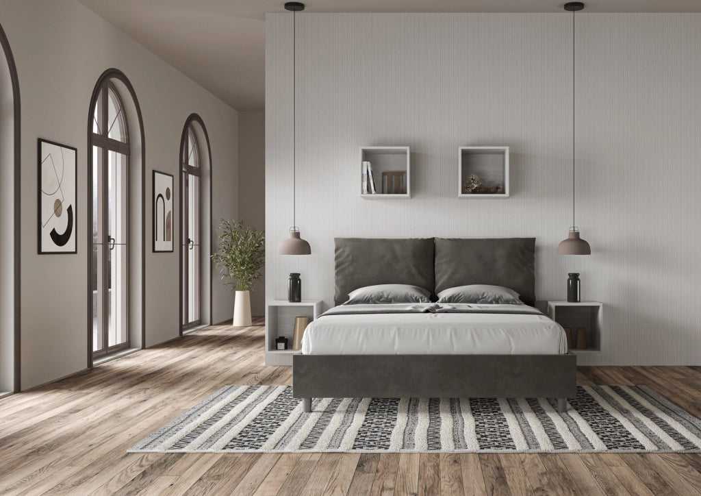 BS COM Letto queen size contenitore imbottito 150x210 microfibra grigio