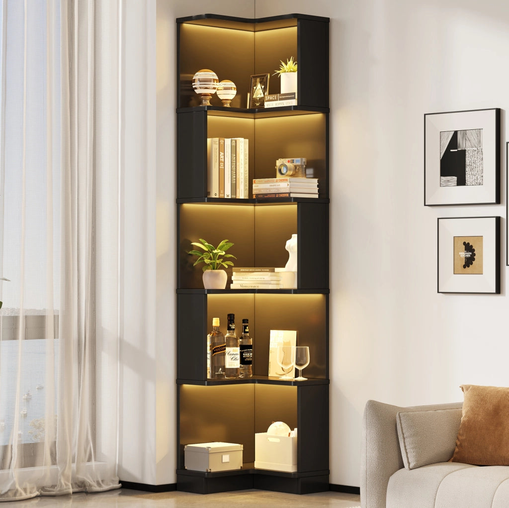 Libreria angolare a 5 ripiani in MDF con LED RGB controllabili tramite app, nera