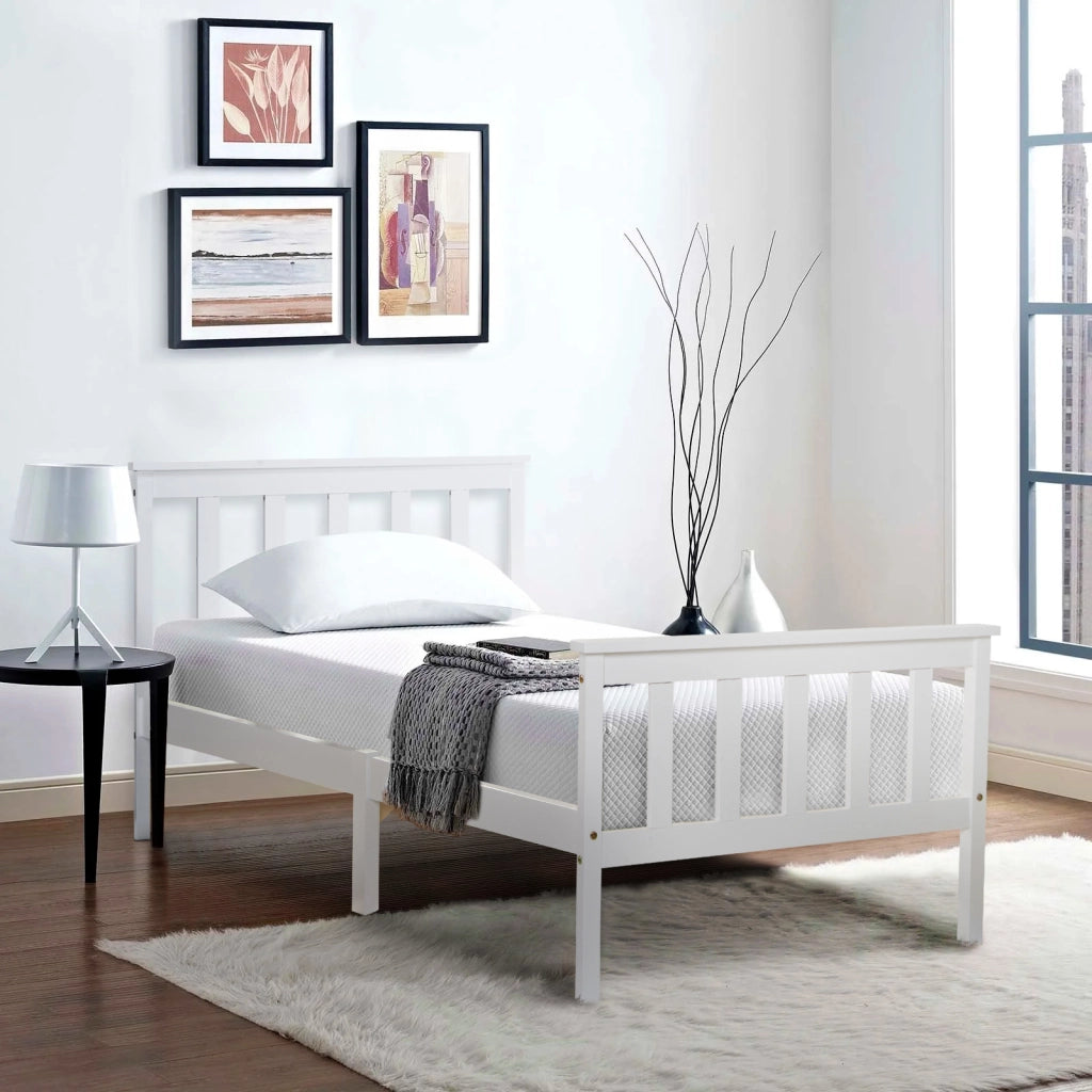 OKWISH Letto Singolo 90×200 cm con Testiera e Doghe Spesse, senza Materasso, in Legno Massello, Bianco