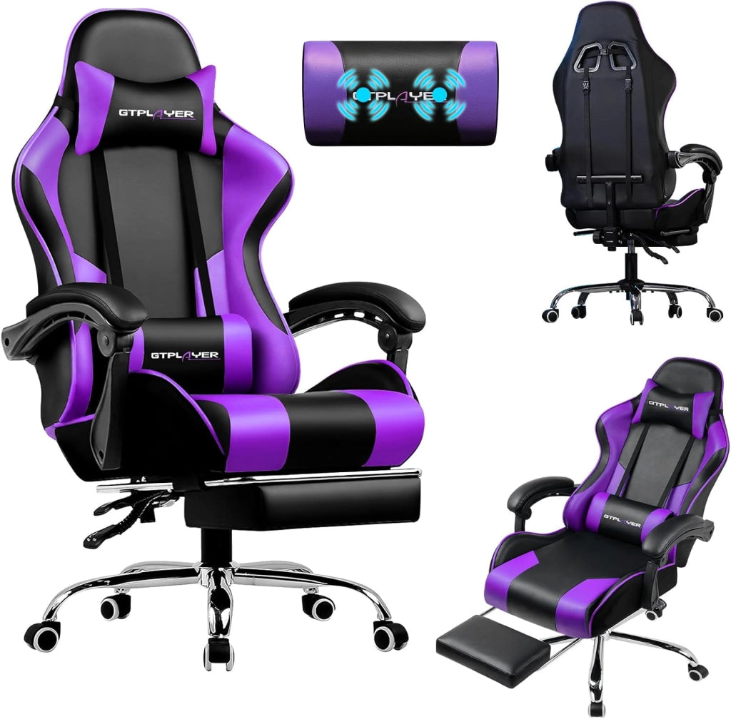 Sedia da gioco con massaggio ergonomico | Poggiapiedi e poggiatesta retrattili | Supporto 150 kg | Ufficio e Casa | Colore Viola