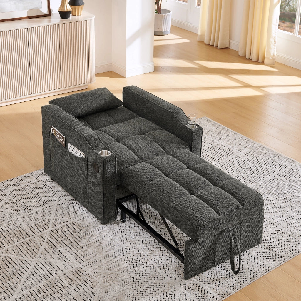 Divano letto con USB e portabicchiere; schienale regolabile - grigio scuro