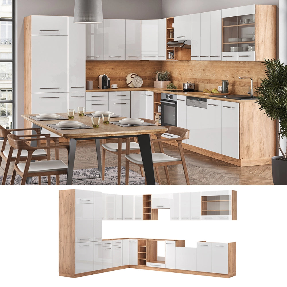 Cucina angolare completa Fame-Line Bianco lucido/Rovere dorato 347 x 60 cm, PL Antracite Vicco