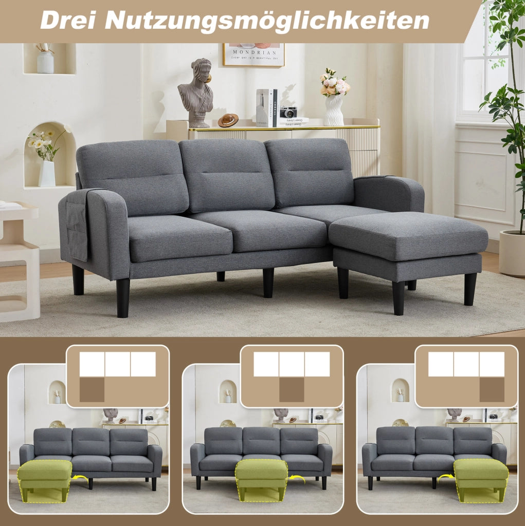 Divano angolare a L 3 posti con chaise longue; tasche laterali; 204x136x80 cm; grigio