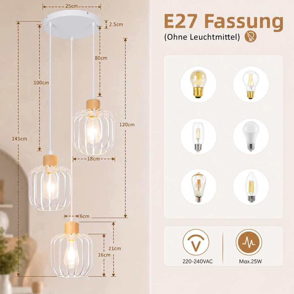 ZMH Lampada a Sospensione 3 Luci Bianco Legno Rotonda E27 Moderna per Soggiorno Cucina Camera Corridoio Senza Lampadina