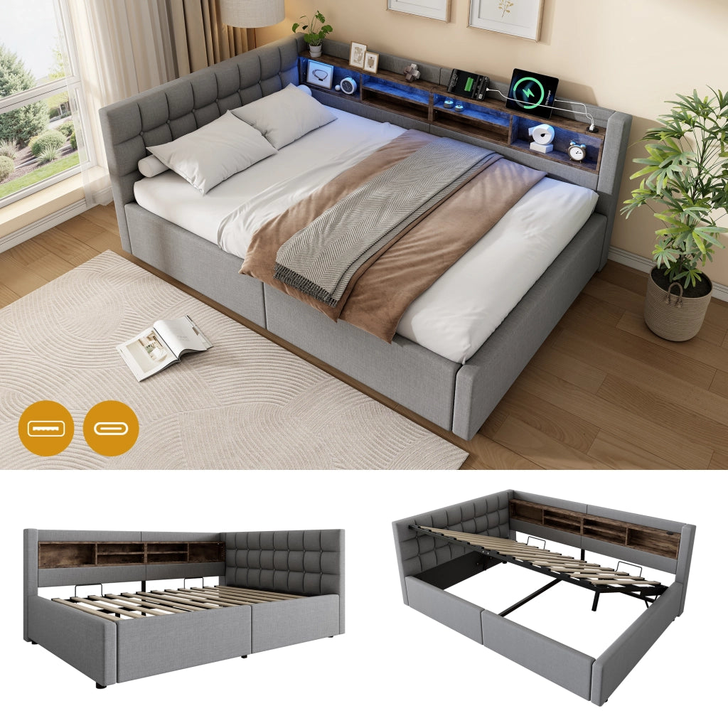 Letto matrimoniale contenitore 140x200 cm con sollevamento idraulico; LED; testiera con ripiano e USB; grigio