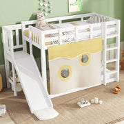 Letto a castello 90x200 cm con scivolo; scala e tendine in MDF e legno bianco
